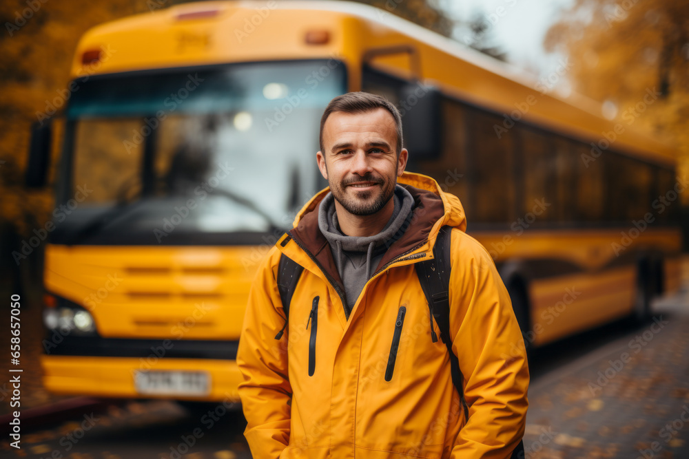 Portrait of a school bus driver with the yellow bus in background Portrait of a school bus driver with the yellow bus in background