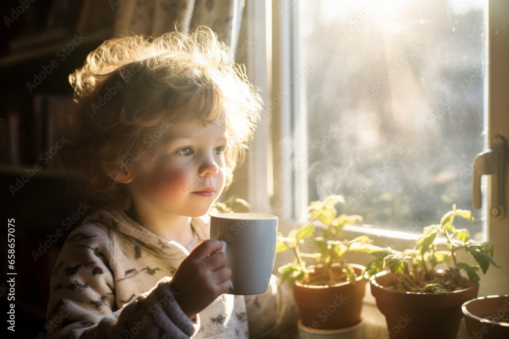 Fototapeta premium Child blowing on a steaming mug of hot chocolate on winter morning day