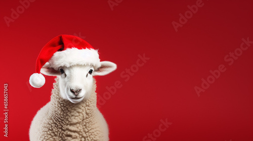 Sheep dressed in Santa Claus hat, on red background, space for text, Merry Christmas, New Year card, generative AI