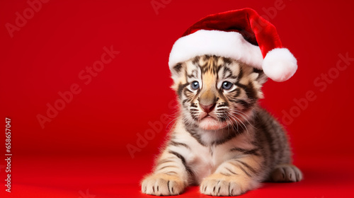 Cute tiger dressed in Santa Claus hat, on red background, space for text, Merry Christmas, New Year card, generative AI © Andrii