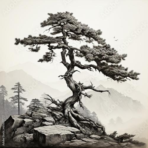 pine tree on a mountain,illustration of a tree,Traditional Chinese Black and White Ink Painting of a Tree,Lone Sentinel: A Coniferous Tree in a Mountainous Landscape © Moon