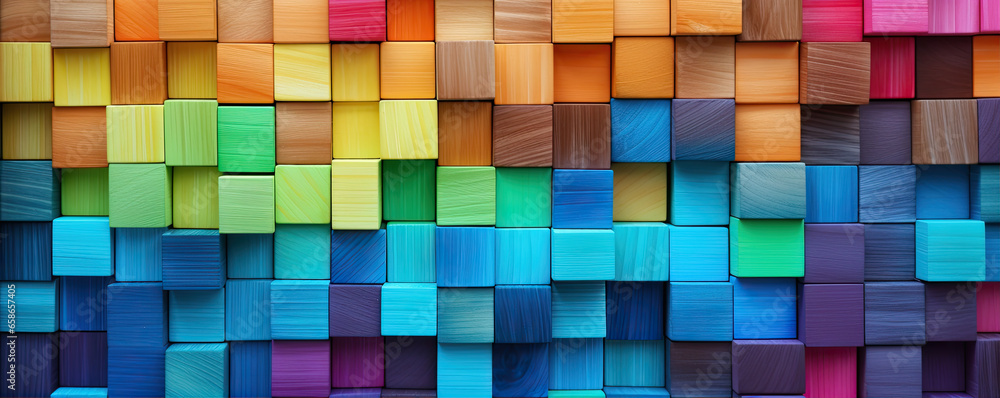 Fototapeta premium Colored wooden cubes wall. Abstract geometric rainbow blocks. wide banner