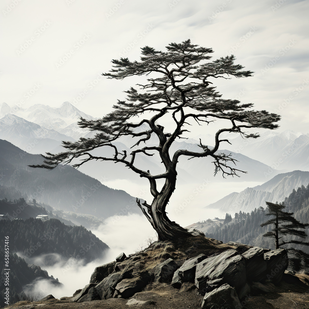pine tree on a mountain,illustration of a tree,Traditional Chinese Black and White Ink Painting of a Tree,Lone Sentinel: A Coniferous Tree in a Mountainous Landscape pine tree on a mountain,illustration of a tree,Traditional Chinese Black and White Ink Painting of a Tree,Lone Sentinel: A Coniferous Tree in a Mountainous Landscape