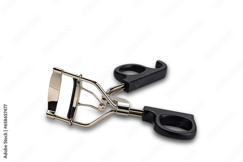 High angle view of metal eyelash curler with black plastic handles isolated on white background with clipping path. High angle view of metal eyelash curler with black plastic handles isolated on white background with clipping path.