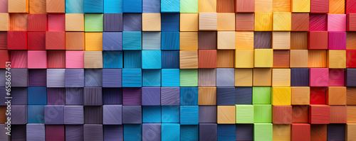 Colored wooden cubes wall. Abstract geometric rainbow blocks. wide banner photo