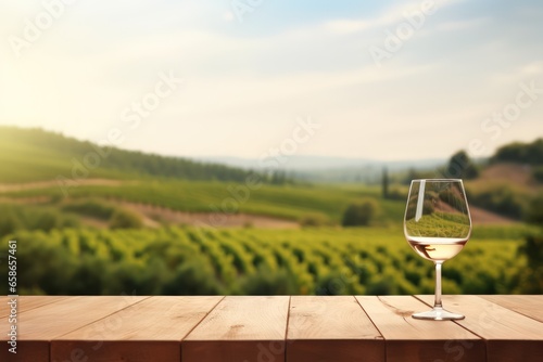 Exquisite taste wine for your romantic evening. Ripe red grapes. Sunset over the vineyard. A bottle of wine with poured wineglass stands on a wooden barrel.