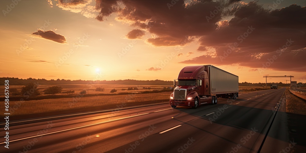 Trailer truck. Trucking into sunset. Freight transport journey. Delivering goods. Highway of commerce. Freight under sun