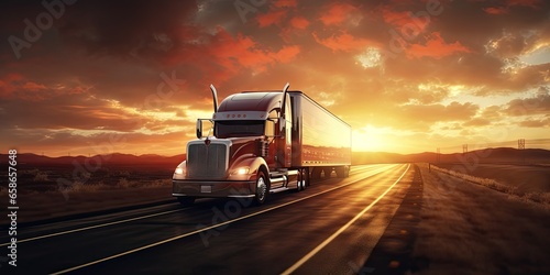 Trailer truck. Trucking into sunset. Freight transport journey. Delivering goods. Highway of commerce. Freight under sun