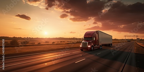 Trailer truck. Trucking into sunset. Freight transport journey. Delivering goods. Highway of commerce. Freight under sun © Thares2020