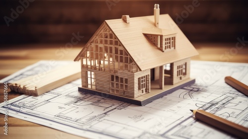 Small model house wooden construction on blueprint 