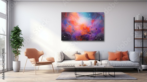 Abstract Background Concept Of Cosmic Canvas Mockup In Modern Loft Interior