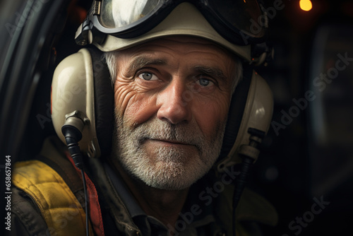 Headshot portrait of a senior male pilot wearing headphones looking at camera © Sergio