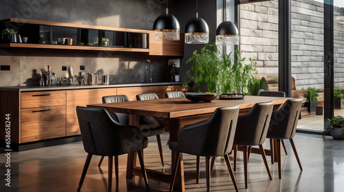 Wooden Chairs Near Kitchen Island in Contemporary Dining Room Design, generative Ai