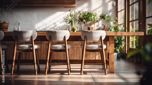 Wooden Chairs Near Kitchen Island in Contemporary Dining Room Design  generative Ai