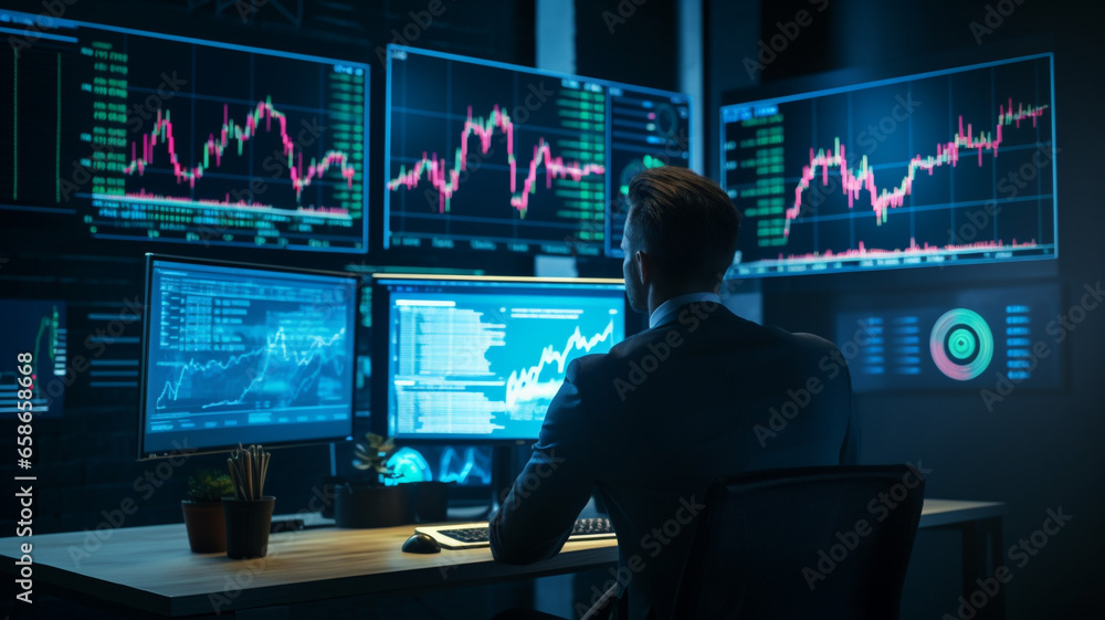 businessman stock financial trader broker working with monitor screen with stock chart and indicator man working hard to make decision for risk and wealth management businessman stock financial trader broker working with monitor screen with stock chart and indicator man working hard to make decision for risk and wealth management
