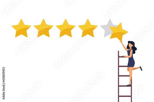 Quality concept. Businesswoman climbing the career ladder giving fifth quality star. Illustration