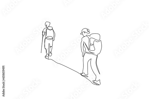 two people mountain trekking hiking walking up the hill back rear behind view lifestyle line art design