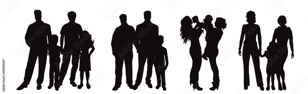 Set of vector silhouettes of family on white background. Symbol of home and parenthood. Set of vector silhouettes of family on white background. Symbol of home and parenthood.