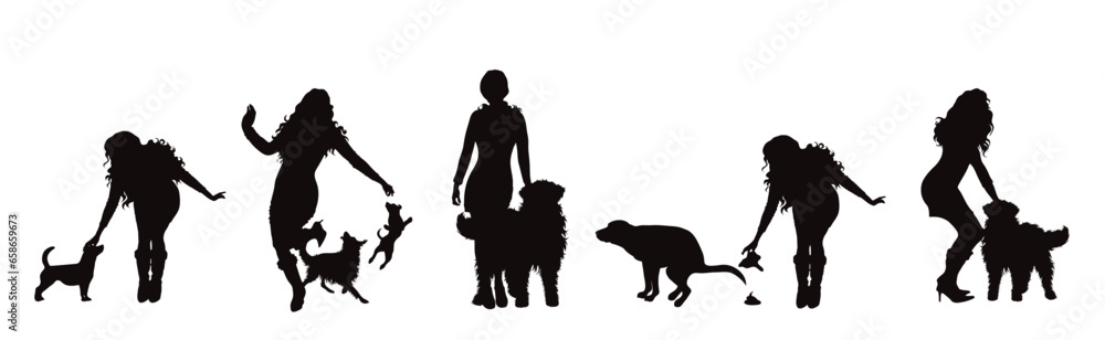 Vector silhouettes of girl with her dogs on white background. Symbol of pets and canine.
