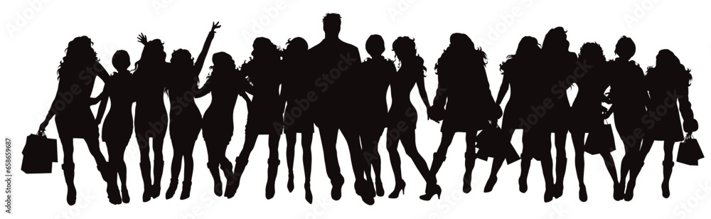 Vector silhouette of group of people on shoppings on white background.