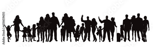 Group of vector silhouettes of families on white background. Symbol of home and parenthood.