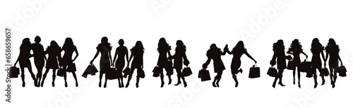 Vector silhouettes of a group of women shopping on a white background.