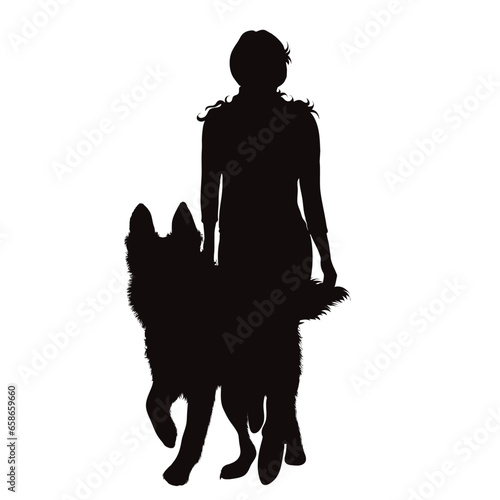 Vector silhouettes of girl with her dog on white background. Symbol of pets and canine.