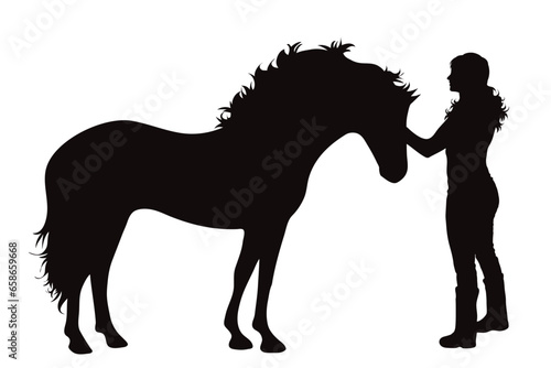 Vector silhouettes of girl with her horse on white background. Symbol of farm.