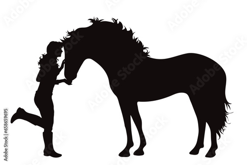 Vector silhouettes of girl with her horse on white background. Symbol of farm.