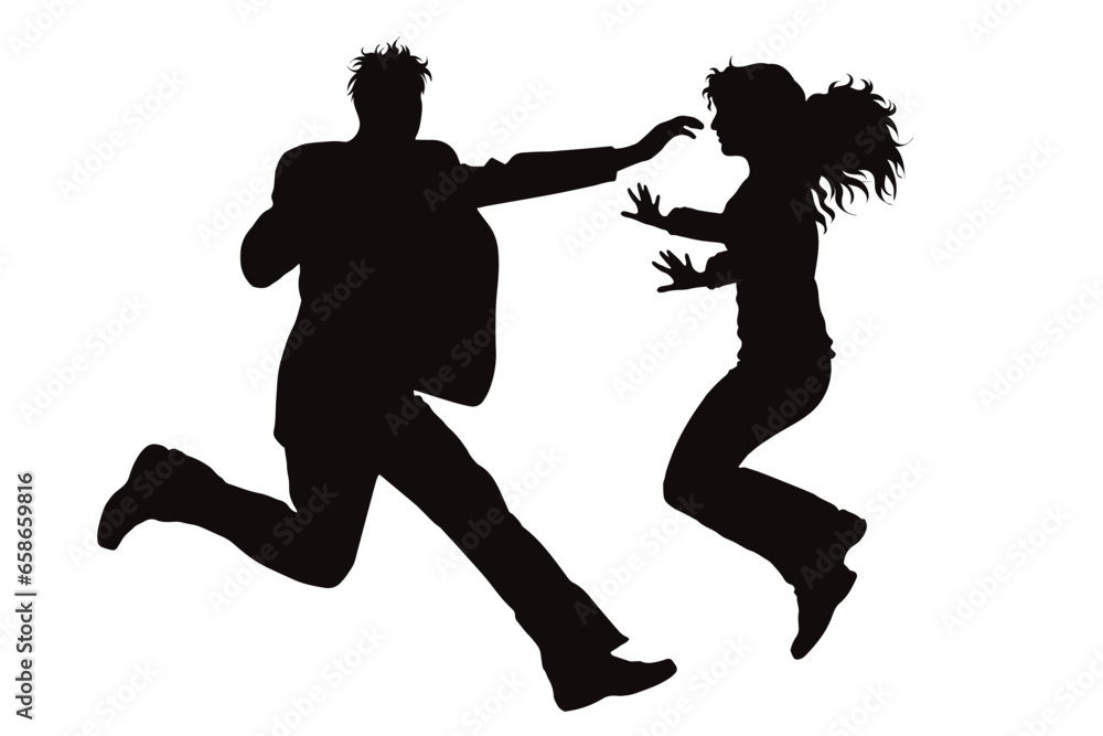 Vector silhouette of couple jumping on white background. Symbol of sport and happiness.