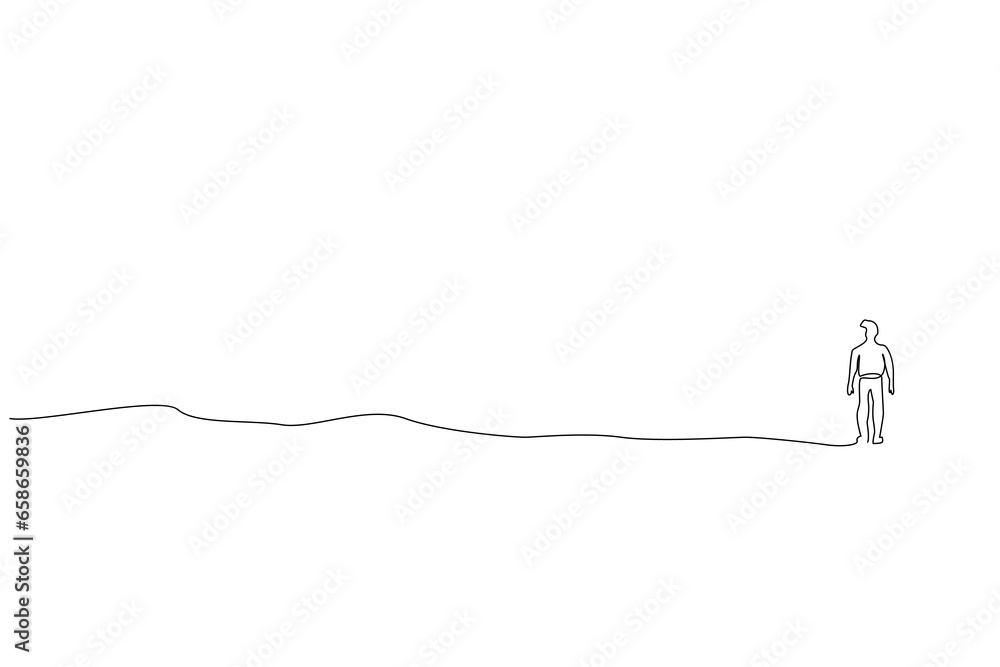 Fototapeta premium man outside looking at the horizon in the distance back view full body length line art design