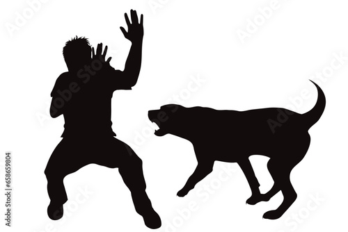 Vector silhouettes of boy with aggressive dog on white background. Symbol of pet and attack.