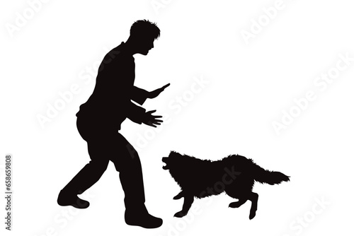 Vector silhouettes of boy with aggressive dog on white background. Symbol of pet and attack.