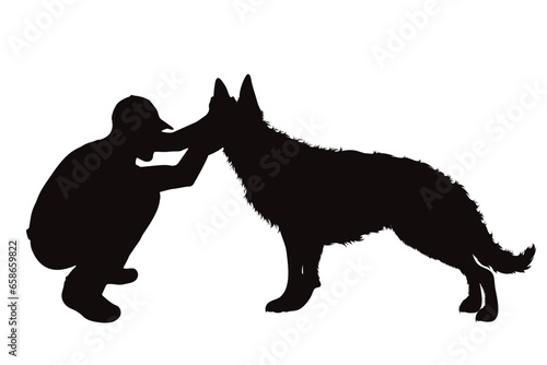Vector silhouettes of boy with his dog on white background. Symbol of pet and canine.