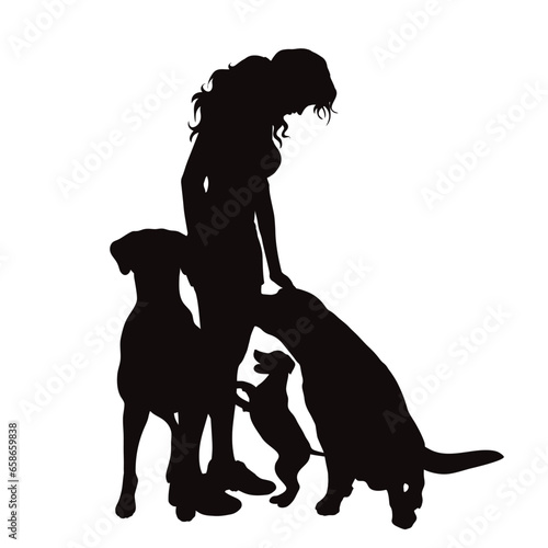 Vector silhouettes of girl with her dogs on white background. Symbol of pets and canine.