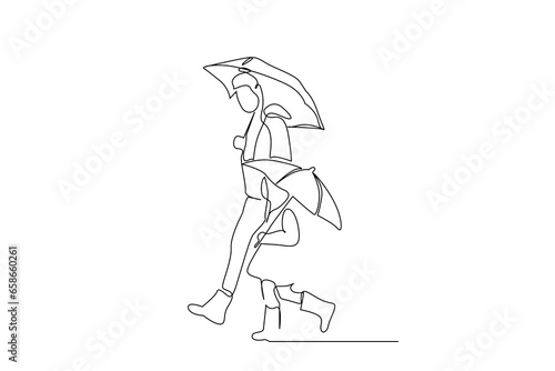 mother and her little daughter walking together with umbrella rainy day life full body length line art design