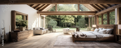 Bedroom interior design with wooden beams in ceiling and hardwood floor. © Michal