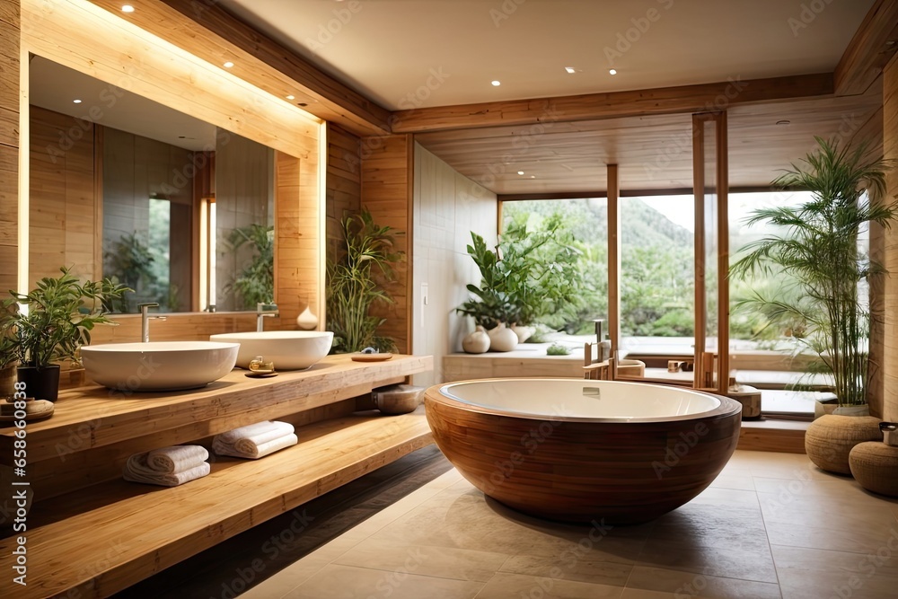 Fototapeta premium Tranquil Zen-Inspired Bathroom Interior Design Oasis with Natural Wood and Stone Accents, AI Generated