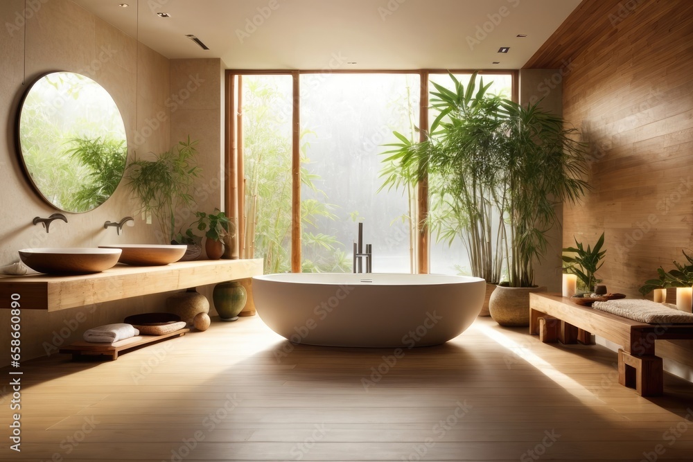 Fototapeta premium Tranquil Zen-Inspired Bathroom Interior Design Oasis with Natural Wood and Stone Accents, AI Generated