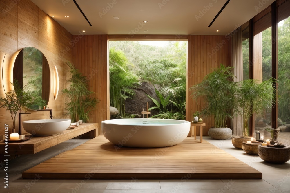 Fototapeta premium Tranquil Zen-Inspired Bathroom Interior Design Oasis with Natural Wood and Stone Accents, AI Generated