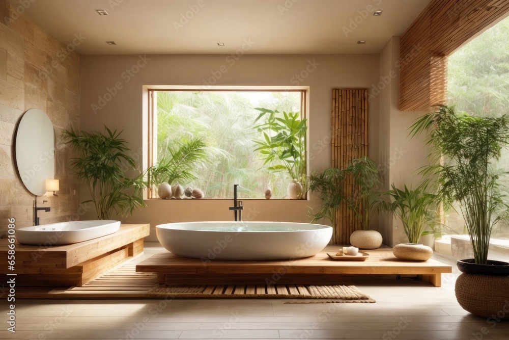 Fototapeta premium Tranquil Zen-Inspired Bathroom Interior Design Oasis with Natural Wood and Stone Accents, AI Generated
