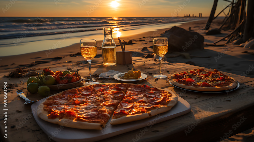 pizza on a table in the beach - obrazy, fototapety, plakaty 