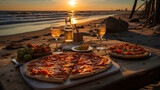 pizza on a table in the beach