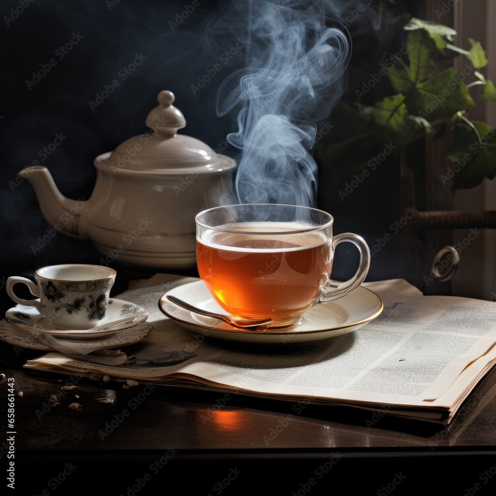 Hot tea in a cup ready on the table. Cups and teapot ready for tea. Generative AI. Hot tea in a cup ready on the table. Cups and teapot ready for tea. Generative AI.