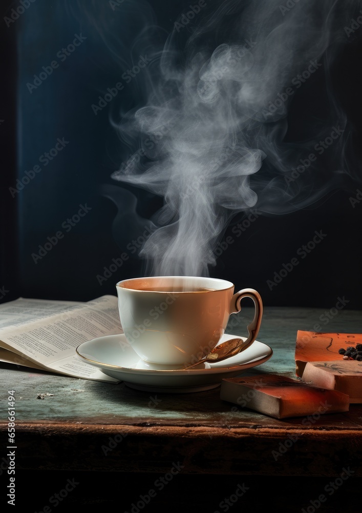 Hot tea in a cup ready on the table. Cups and teapot ready for tea. Generative AI. Hot tea in a cup ready on the table. Cups and teapot ready for tea. Generative AI.