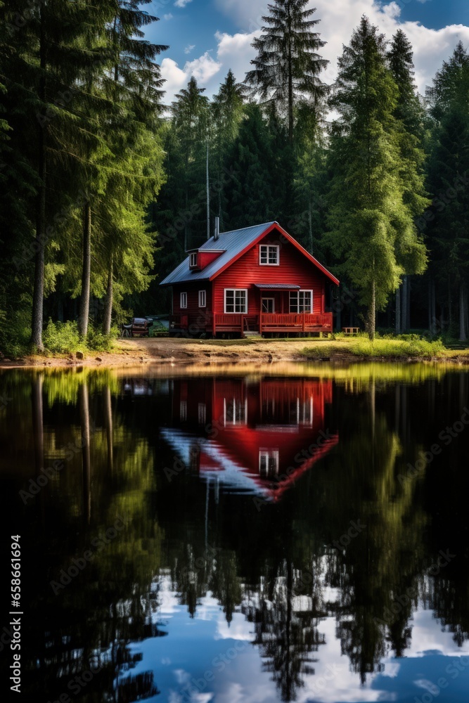 A small wooden house in a coniferous forest on the shore of a lake. A place for privacy and escape from the bustle of the city. House in a national park on the shore of a picturesque lake. A small wooden house in a coniferous forest on the shore of a lake. A place for privacy and escape from the bustle of the city. House in a national park on the shore of a picturesque lake.