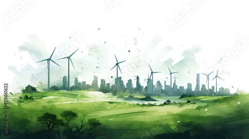 Green city with ecological infrastructure. Wind turbines on a grass field, watercolor illustration, green eco city, future natural energy city, Place for text