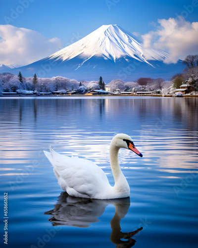 Generate an image that showcases a majestic  snow-capped mountain  resembling Mount Fuji  in the backdrop.