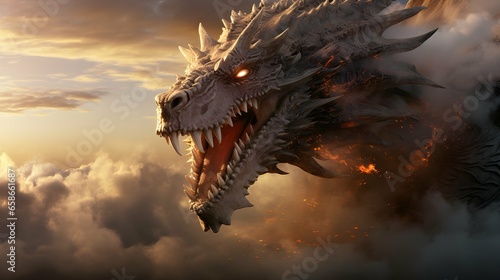 Majestic Dragon Soaring Amongst Clouds in Digital Painting with Vibrant Colors and Golden Sunset Light © Philipp