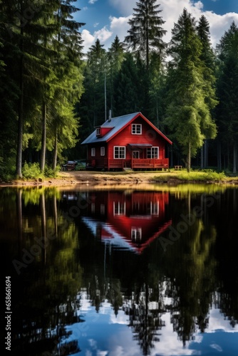 A small wooden house in a coniferous forest on the shore of a lake. A place for privacy and escape from the bustle of the city. House in a national park on the shore of a picturesque lake.